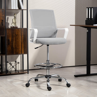HOMCOM Draughtsman Chair, Mesh Drafting Chair, Ergonomic Office Chair with Lumbar Support, Adjustable Foot Ring, Grey 