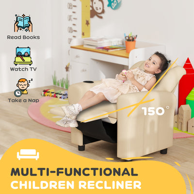 HOMCOM Kids Recliner Chair, PU Leather with Adjustable Backrest, Footrest, Padded Headrest, Beige 