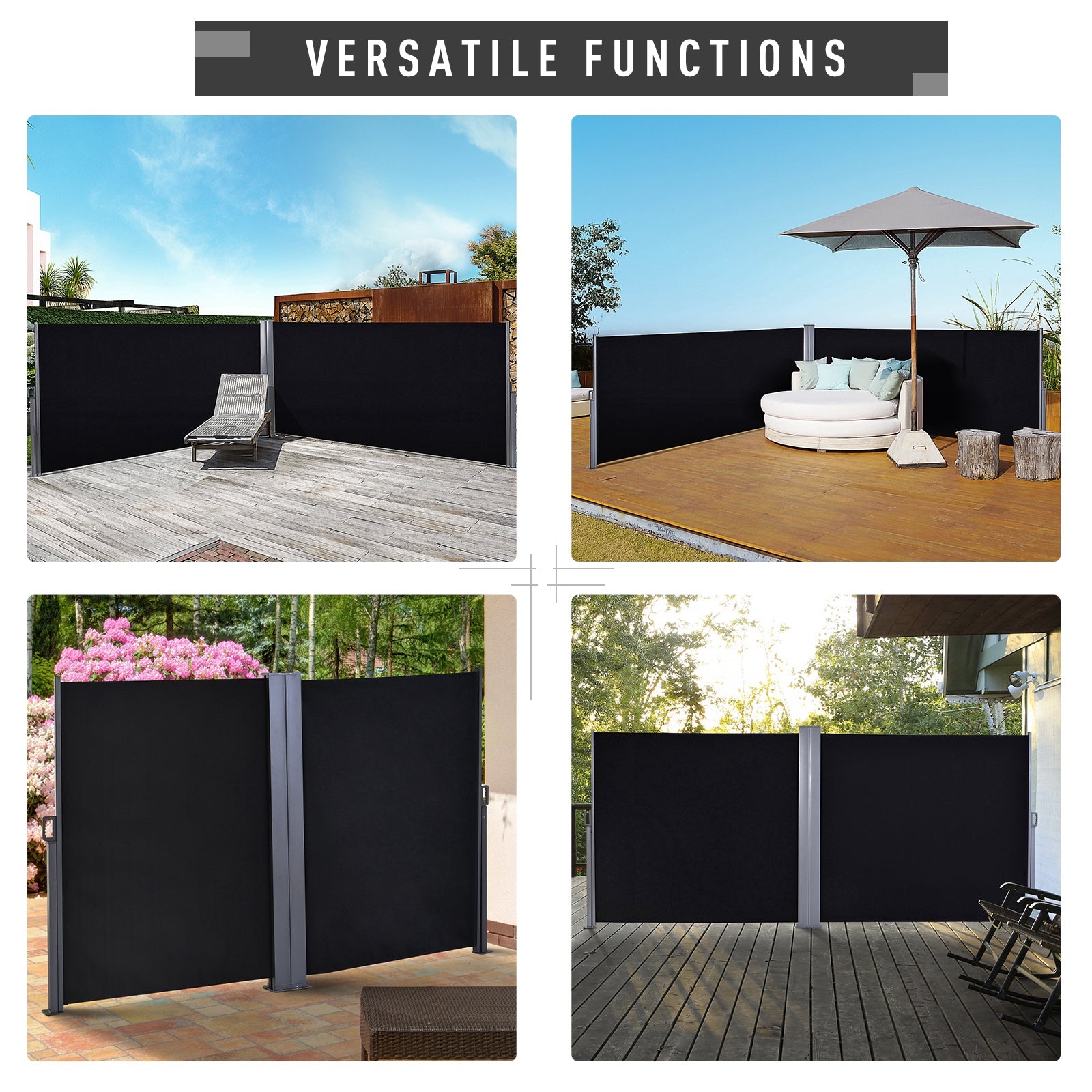 Outsunny 600 x 180 cm (HxL) Retractable Awning Double Canopy Side Privacy Protection Sun Shade Side Blind w/ Steel Frame Versatile Use In Garden Patio - Black 