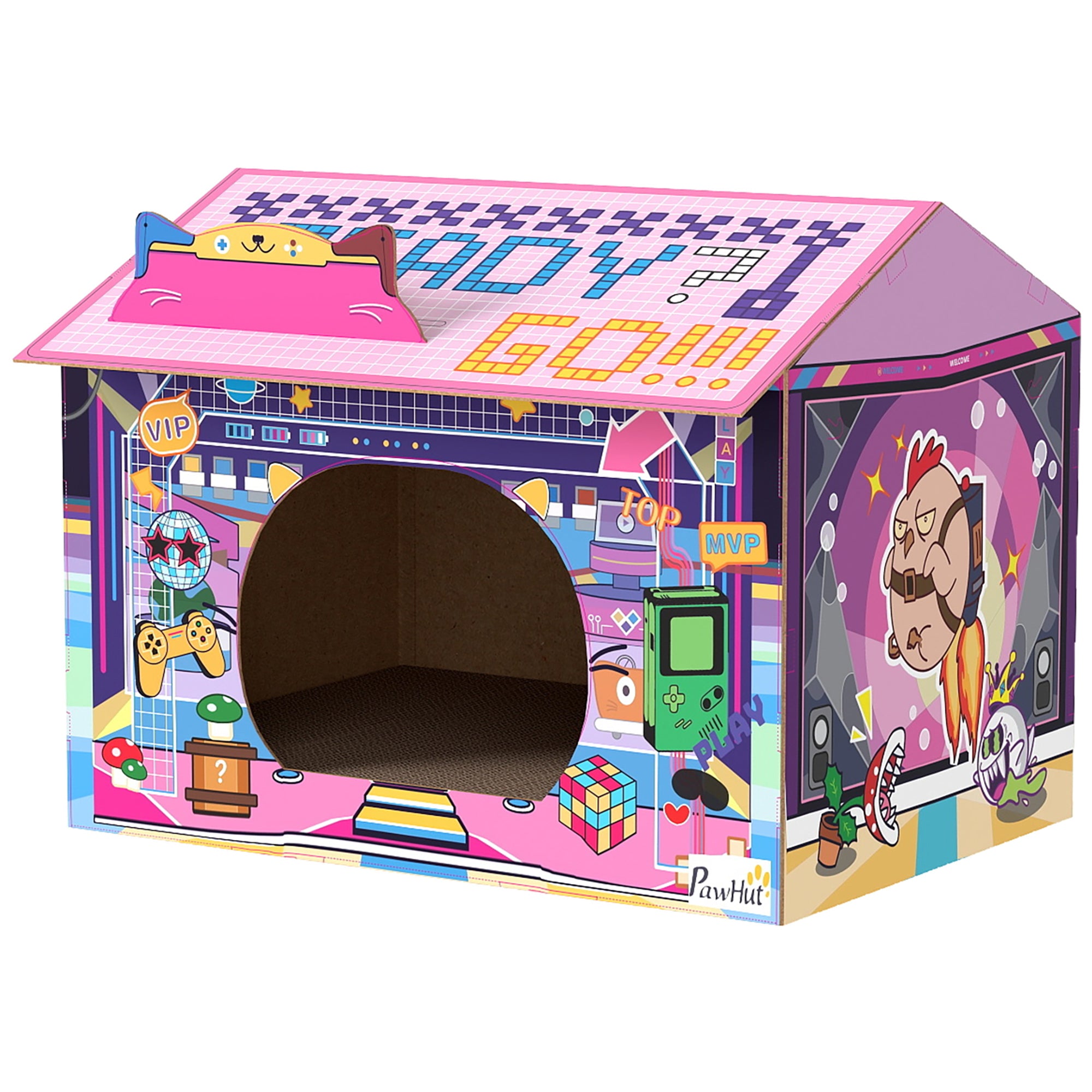 PawHut 2 in 1 Gaming Style Cardboard Cat House with Scratching Board & Catnip for Indoor Cats, Pink 