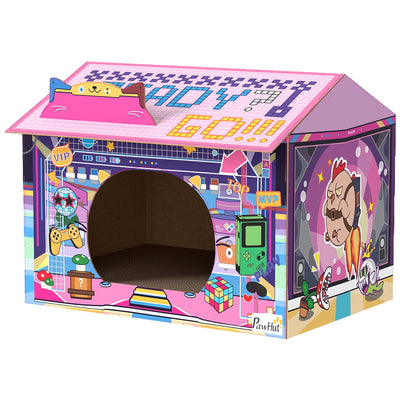 PawHut 2 in 1 Gaming Style Cardboard Cat House with Scratching Board & Catnip for Indoor Cats, Pink 