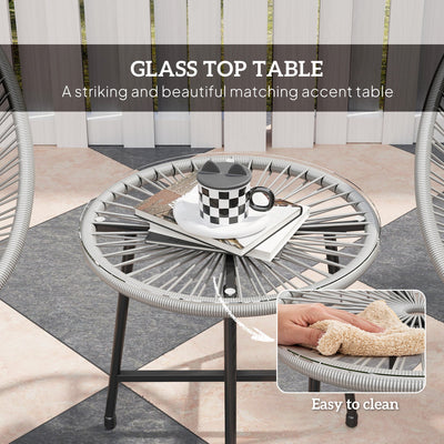 Outsunny 3 Pieces Rattan Bistro Set, Garden Bistro Set with Acapulco Chairs and Glass Top Table, Small Garden Furniture Set with Reinforced Metal Frame for Outdoor, Patio, Balcony, Grey 
