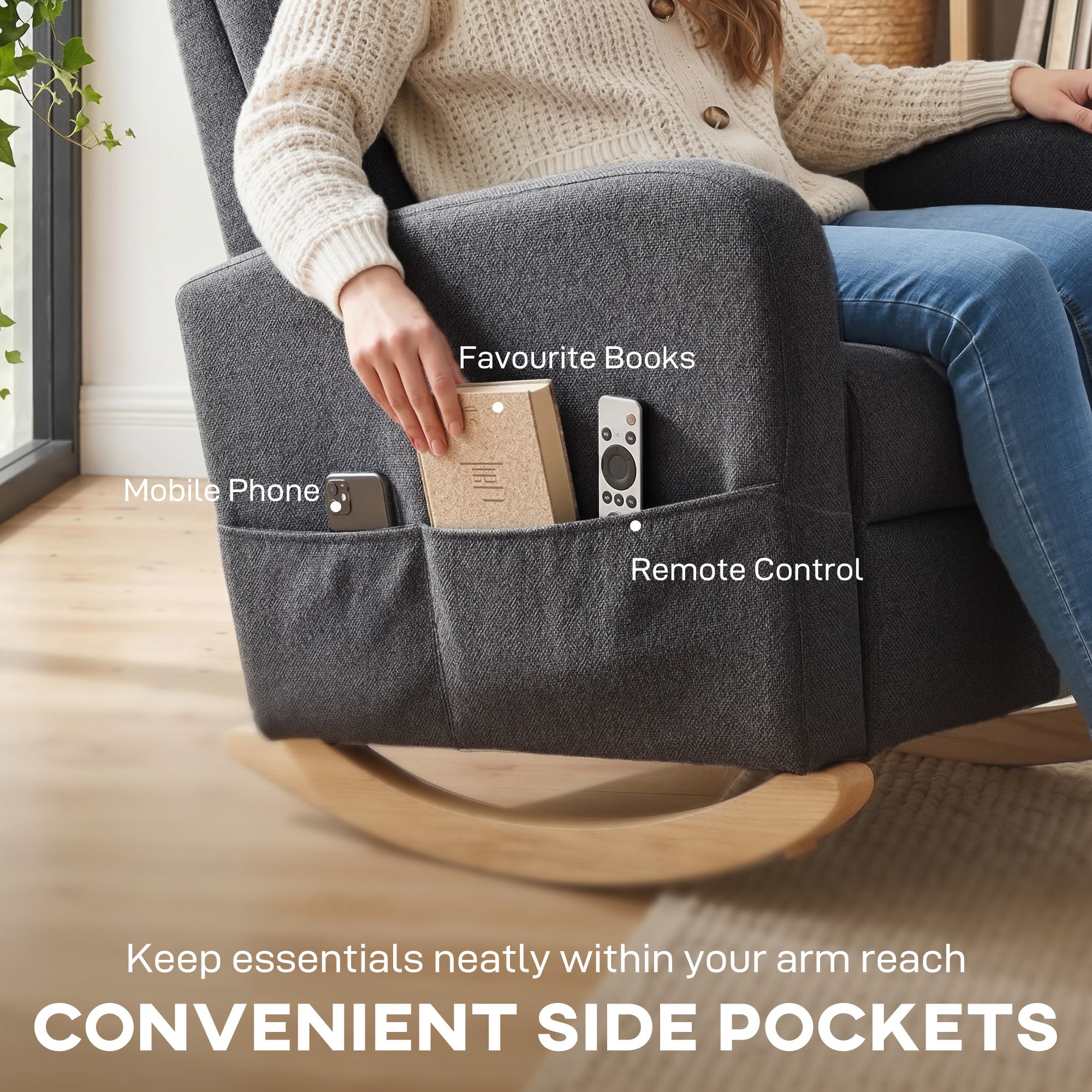 HOMCOM Upholstered Rocking Chair Retractable Footrest Rocker Chair High Back for Living Room Grey 