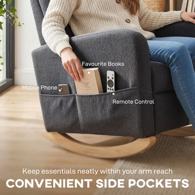 HOMCOM Upholstered Rocking Chair Retractable Footrest Rocker Chair High Back for Living Room Grey 