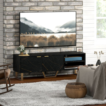 HOMCOM Marble Effect TV Unit, TV Stand Cabinet for up to 70" TVs, Modern TV Cabinet with Shelves and Storage Cupboard, Fluted Door, Extra Centre Leg, Cable Management for Living Room, Black 