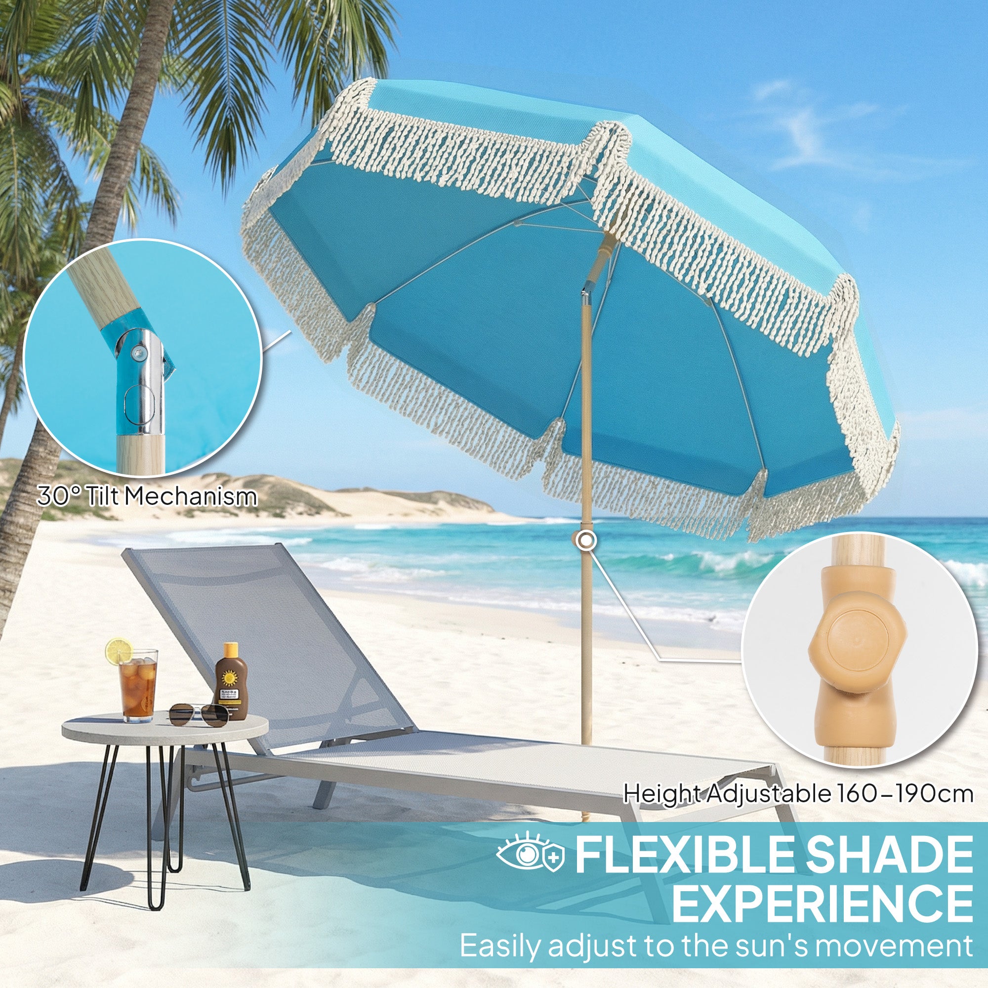 Outsunny 1.7 m Beach Umbrella with Sand Anchor, 30° Tilting Fringed Beach Garden Parasol with Adjustable Height, Grey 