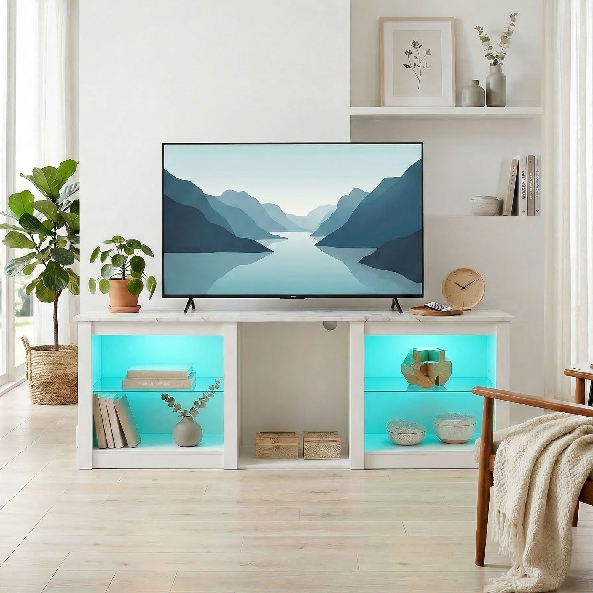 HOMCOM 70in TV Stand, with LED Lights and Storage - White 