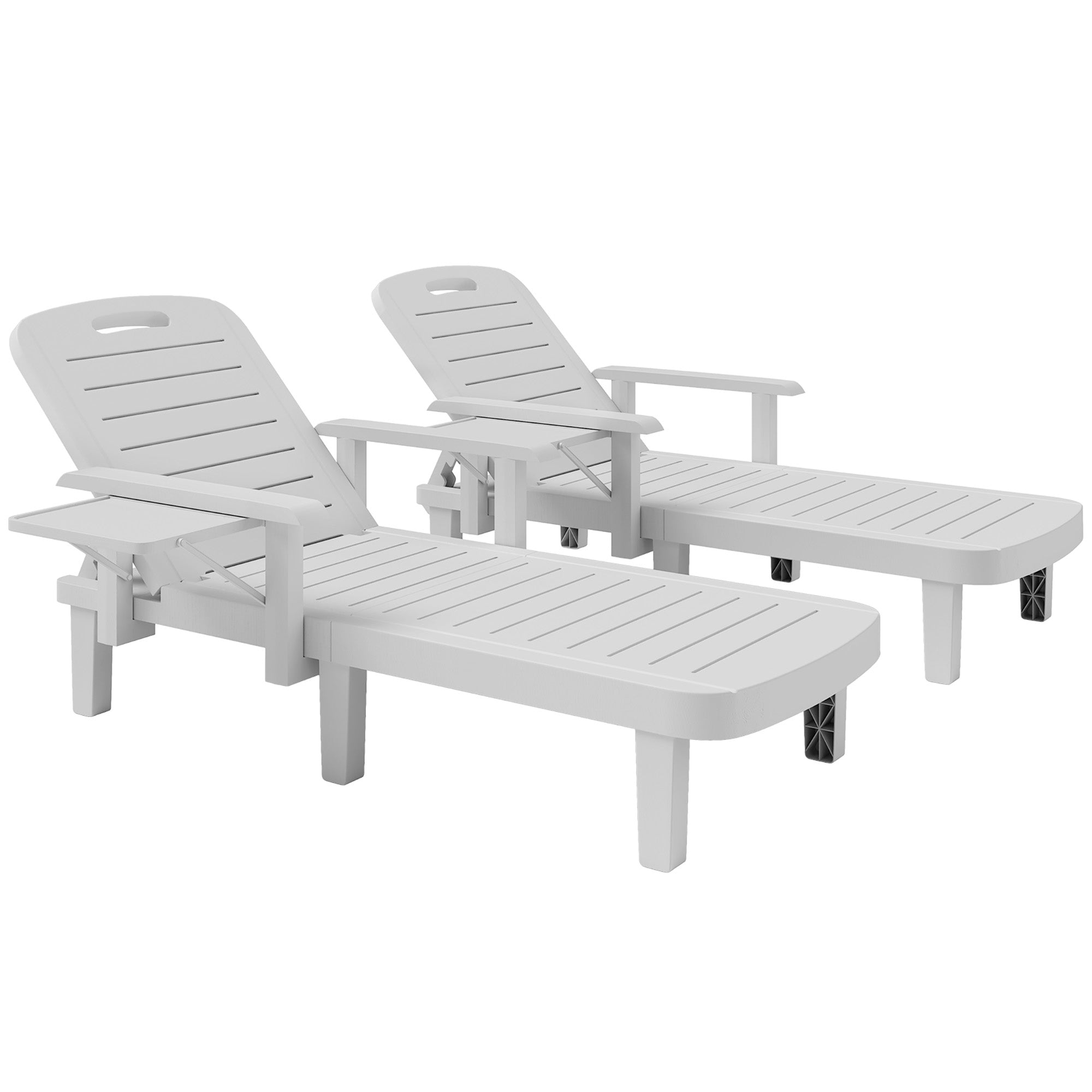 Outsunny Set of 2 Resin Reclining Sun Loungers for Garden, 5 Positions Adjustable Outdoor Chaise Lounge Chairs with Wood Texture Surface, Armrests, Foldable Side Table for Garden, Beach, White 
