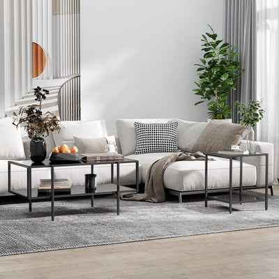 HOMCOM Side Table with Tempered Glass Top, End Table with 2-Tier Storage, Classic Accent Table with Steel Frame, Black 
