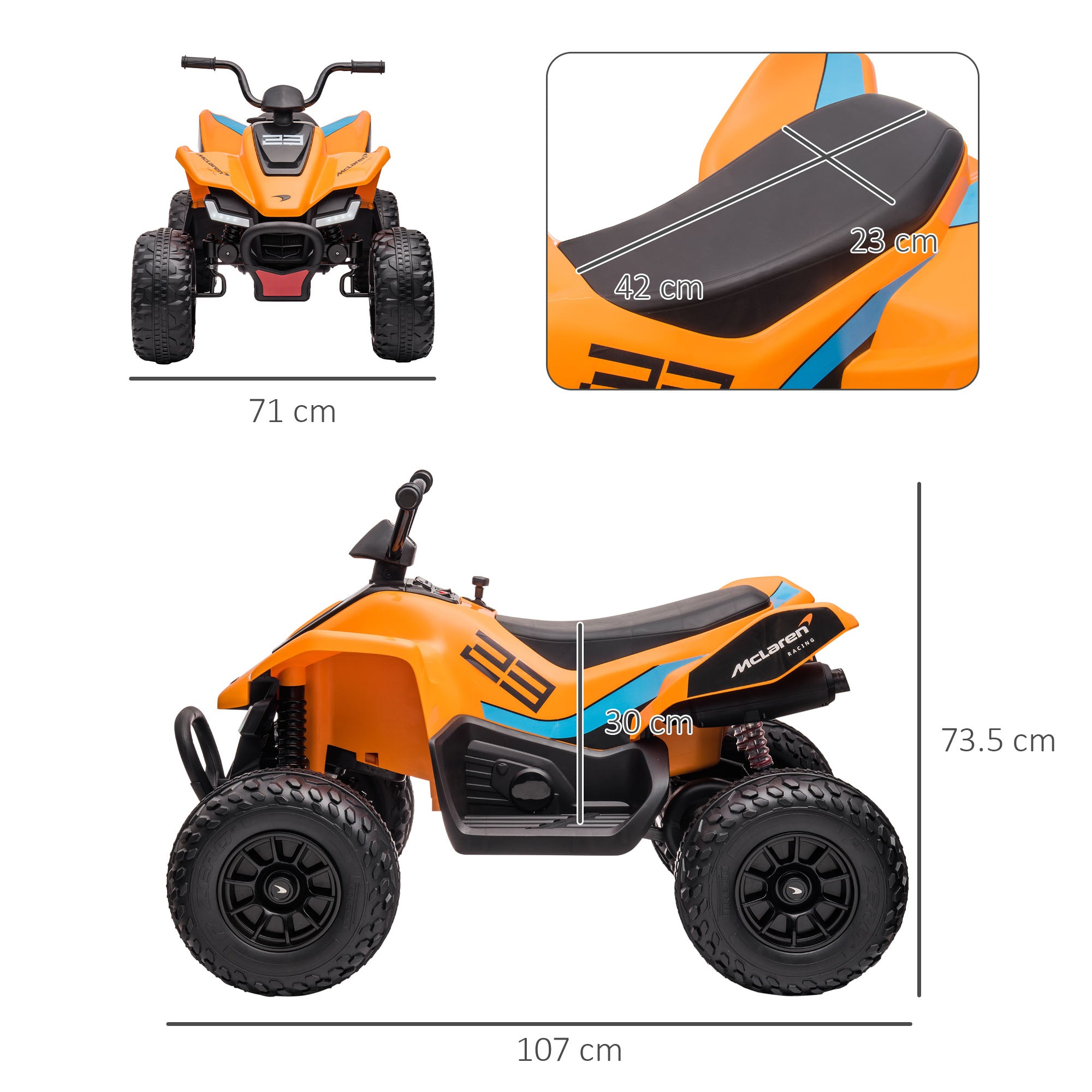 HOMCOM McLaren Licensed 12V Quad Bike, with Music, Headlights, MP3 Slot, Suspension Wheels, for Ages 3-8 Years - Orange 