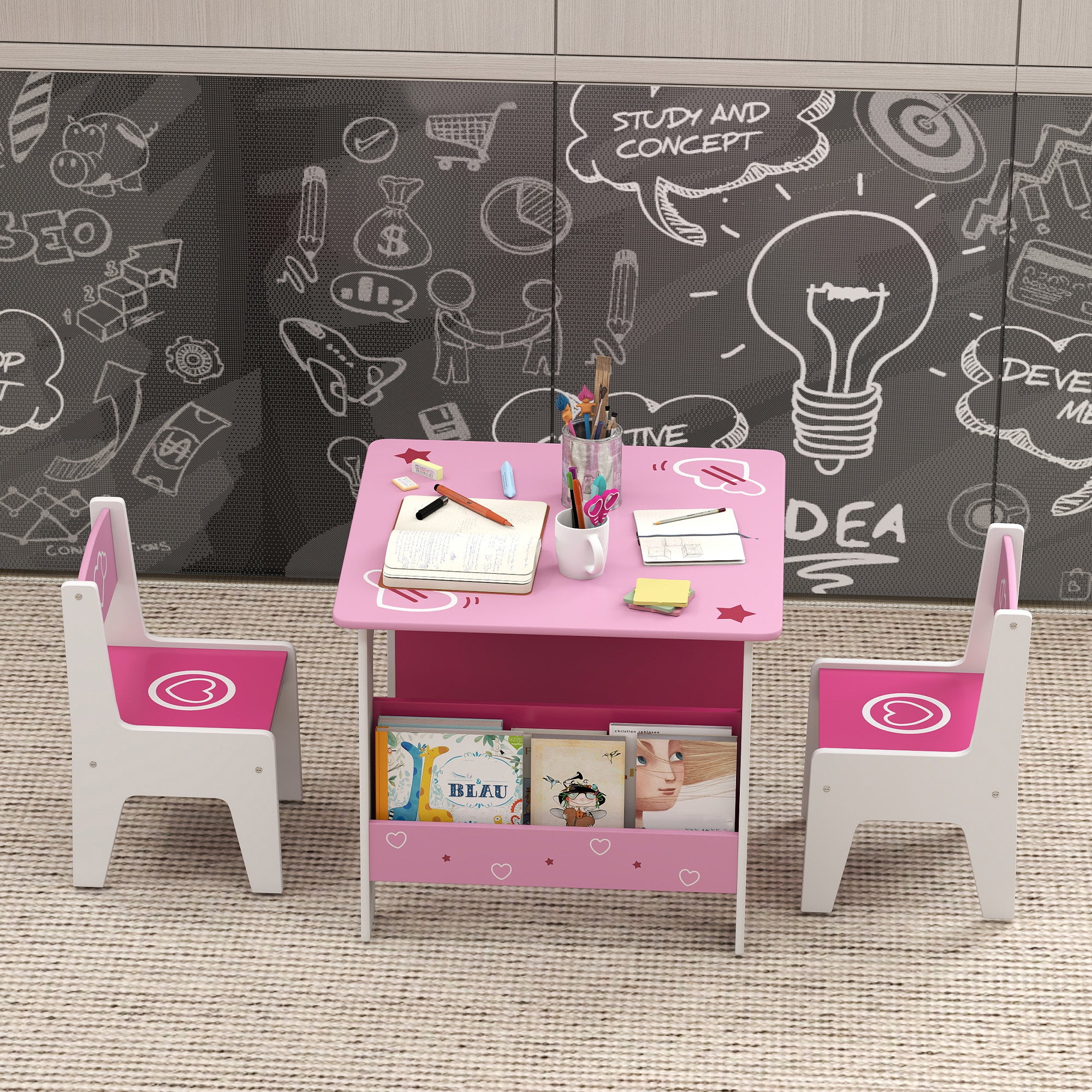 AIYAPLAY 3 Pieces Kids Table and Chair Set, Toddler Activity Table with Bookshelves, for Living Room, Nursery, Playroom, Pink 