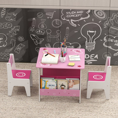AIYAPLAY 3 Pieces Kids Table and Chair Set, Toddler Activity Table with Bookshelves, for Living Room, Nursery, Playroom, Pink 