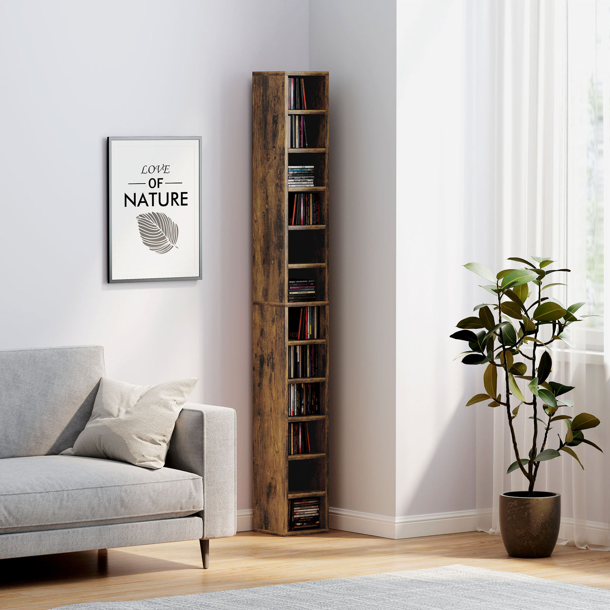HOMCOM 204 CD Tall Narrow Media Storage Tower - Rustic Brown 