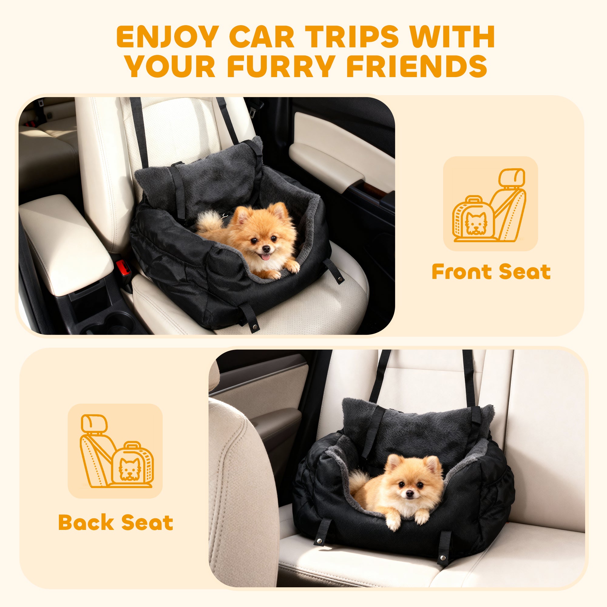 PawHut Dog Car Seat for Small Dogs with Fixed Buckle, Safety Leash, Washable Cover, 58 x 45 x 28 cm, Black 