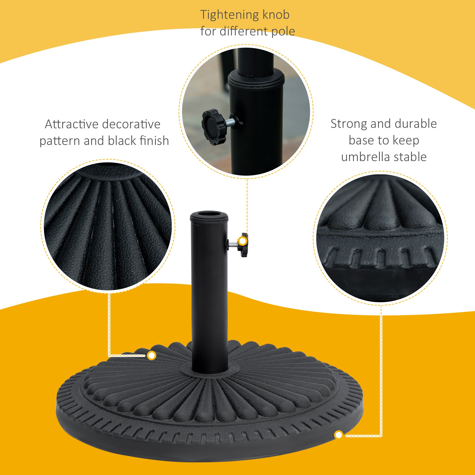 Outsunny 14kg Round Cement Parasol Base Umbrella Weight Stand Holder Fits Φ35mm,Φ38mm,Φ48mm Pole for Patio Outdoor Garden - Black 