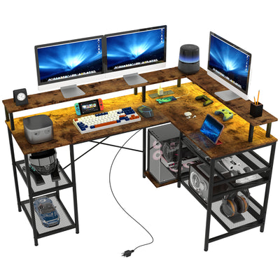 HOMCOM L Shaped Gaming Desk with LED Lights and Power Outlets, 150cm Corner Computer Desk with Monitor Stand and Storage Shelves, Home Office Desk for Small Space, Rustic Brown 