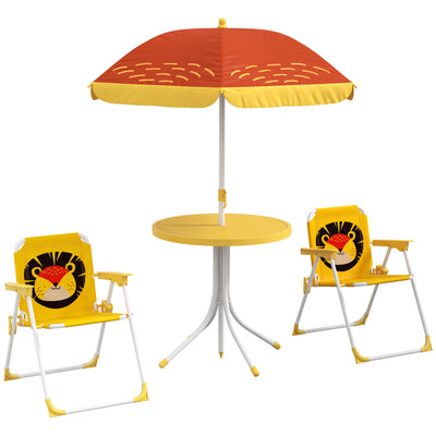 Outsunny Kids Picnic Table and Chair Set, Lion Themed Outdoor Garden Furniture w/ Foldable Chairs, Adjustable Parasol - Yellow 