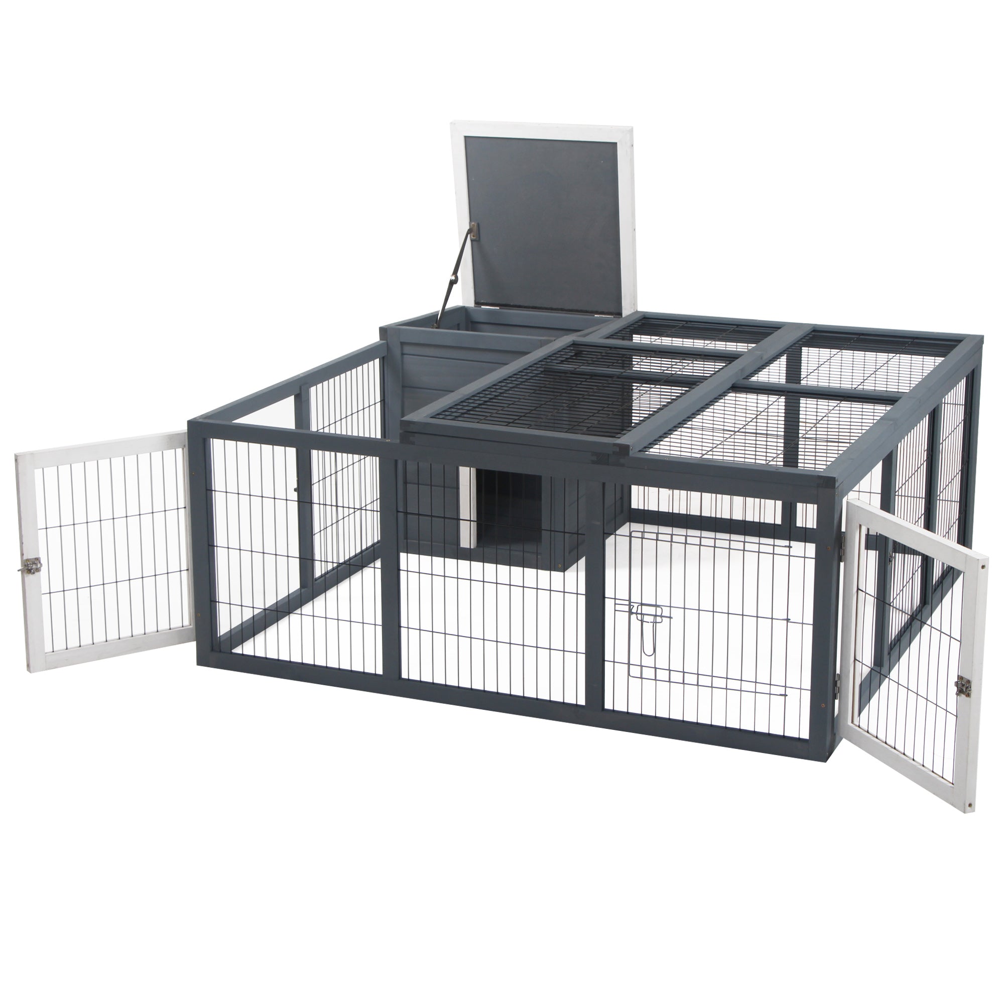 PawHut Rabbit Hutch Outdoor, Guinea Pig House, Bunny Run Cage with Openable Top for 1-2 Rabbits, 123 x 120 x 52cm, Grey 