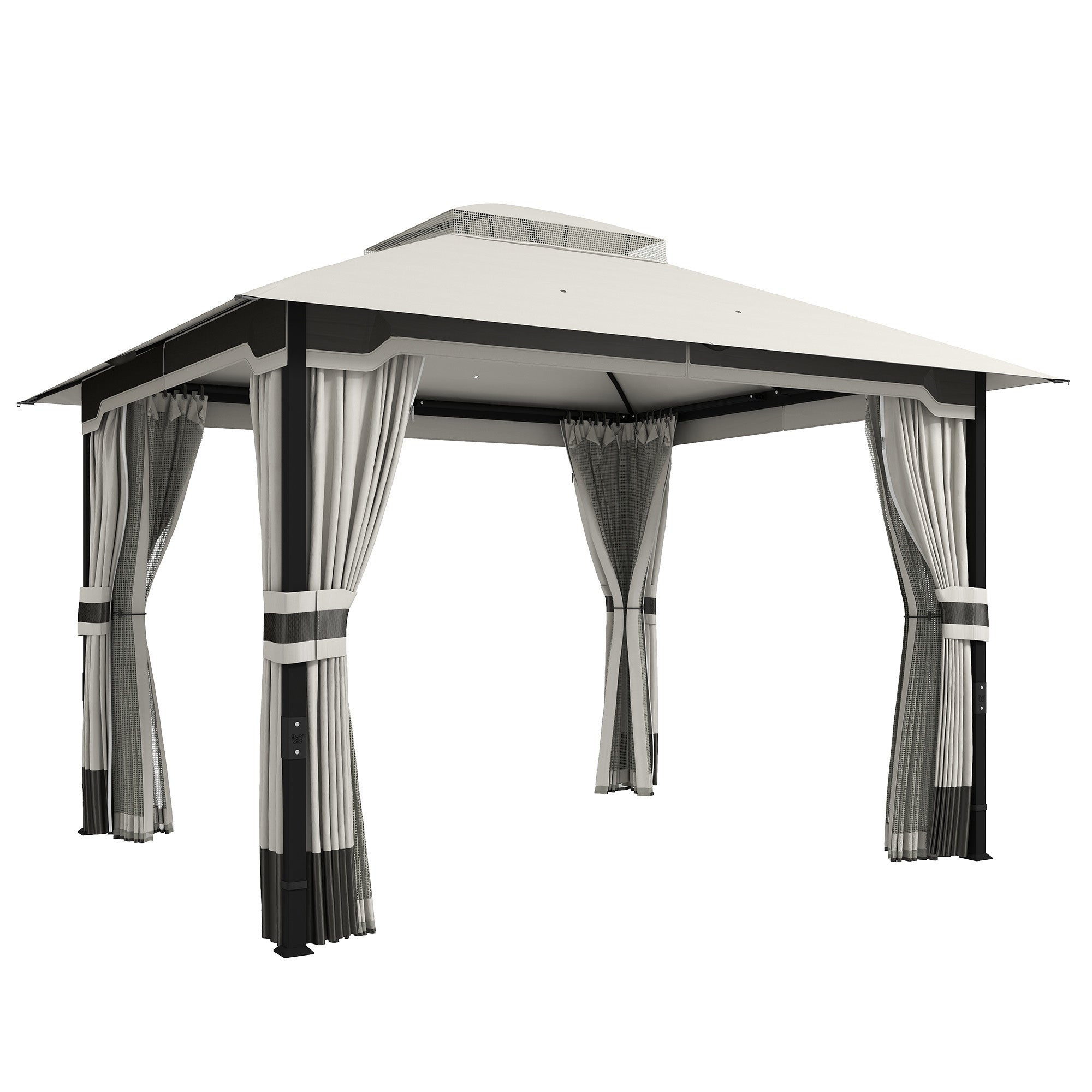 Outsunny 3 x 3.6 m Outdoor Garden Gazebo with Netting and Curtains, Double Roof Patio Gazebo Permanent Pavilion, Light Grey 
