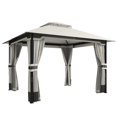 Outsunny 3 x 3.6 m Outdoor Garden Gazebo with Netting and Curtains, Double Roof Patio Gazebo Permanent Pavilion, Light Grey 