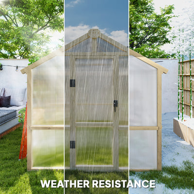 Outsunny 6.6 x 6ft Polycarbonate Greenhouse, Walk-in Wooden Greenhouse with Lockable Door and Window, Garden Plants Grow House, Brown 