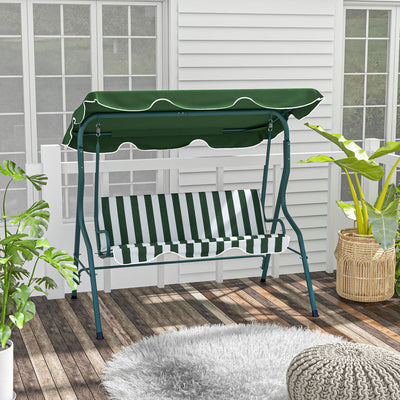 Outsunny 3 Seater Garden Swing Seat Chair Outdoor Bench with Adjustable Canopy and Metal Frame, Green Stripes 