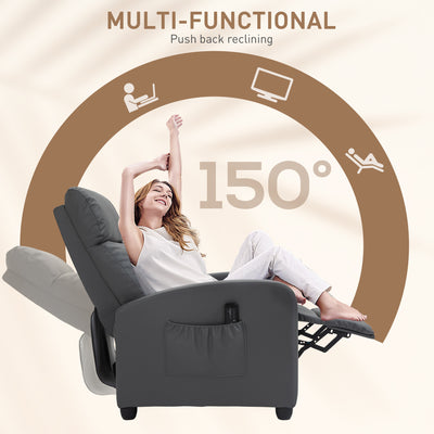 HOMCOM Recliner Armchair, Massage Faux Leather Push Back Reclining Chair with Adjustable Leg Rest, Side Pocket, for Home Living Room Theatre, Grey 