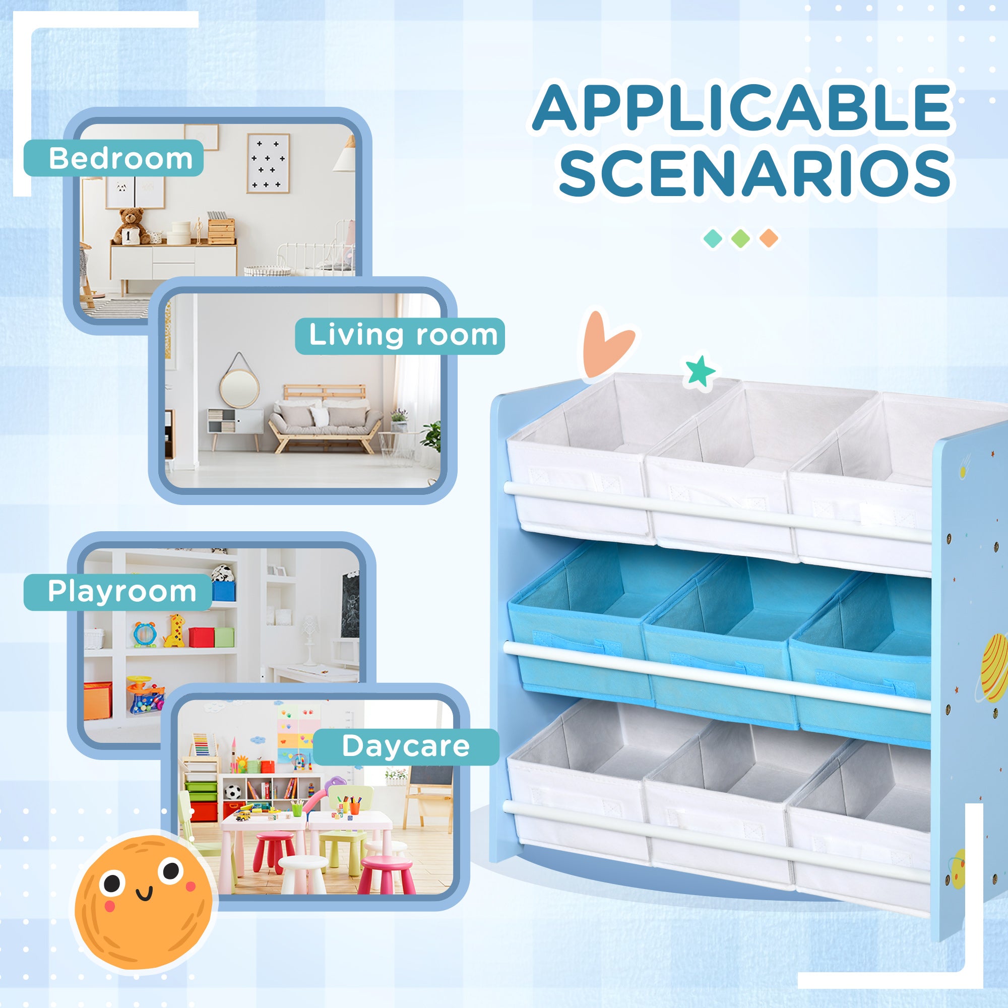 ZONEKIZ Kids Storage Rack, with Nine Removable Baskets, for Nursery, Bedroom, Playroom - Blue 