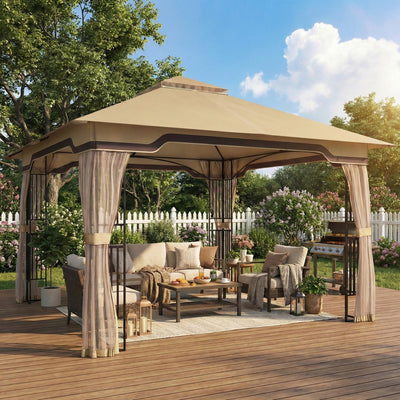 Outsunny 3.3 x 3.3 m Outdoor Garden Gazebo with Post Shelves, UPF50+ Patio Permanent Pavilion with Hook, Khaki 