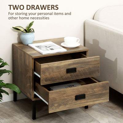 HOMCOM Retro Bedside Table, End Side Table with 2 Drawers, Metal Frame for Bedroom, Living Room, Coffee 