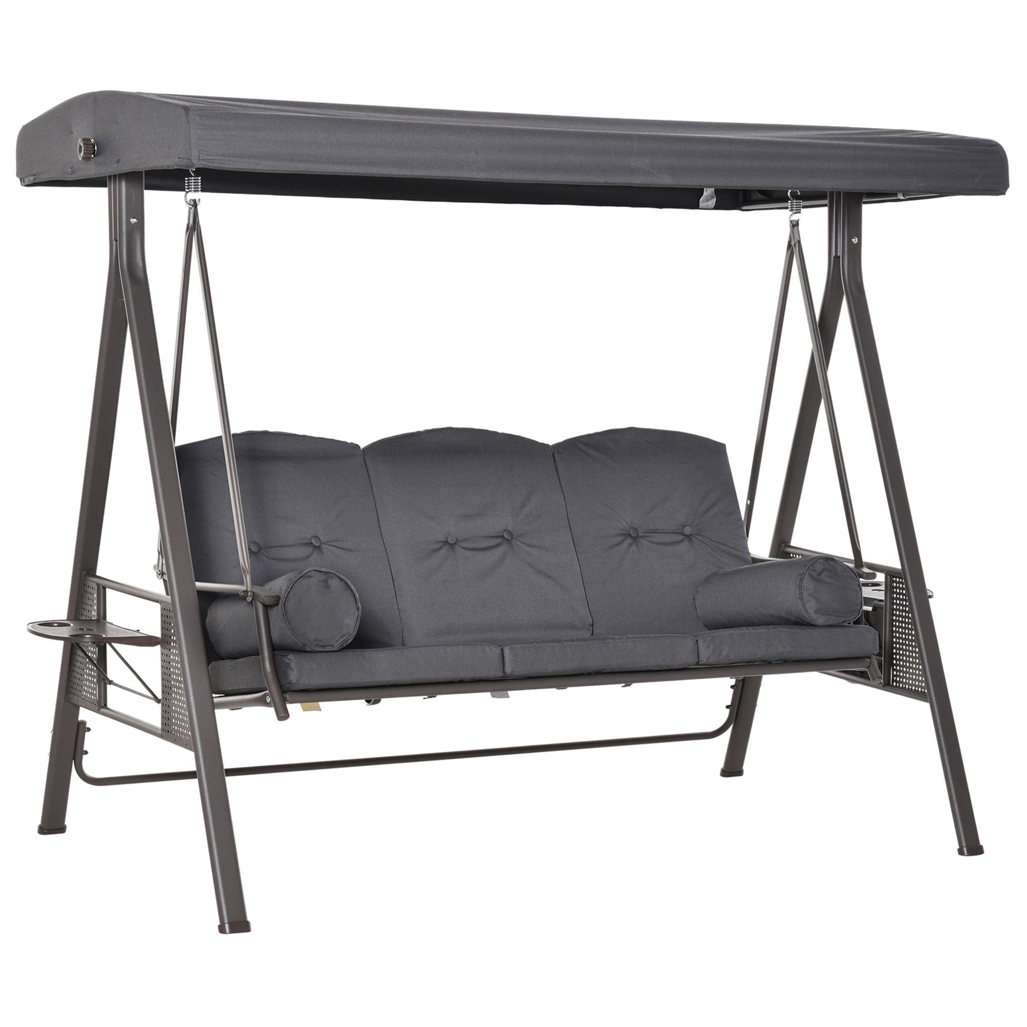 Outsunny 3 Seater Garden Swing Chair Outdoor Hammock Bench w/ Adjustable Canopy, Cushions and Cup Trays, Brown Steel Frame, Dark Grey Fabric 