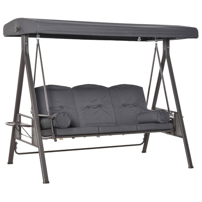 Outsunny 3 Seater Garden Swing Chair Outdoor Hammock Bench w/ Adjustable Canopy, Cushions and Cup Trays, Brown Steel Frame, Dark Grey Fabric 