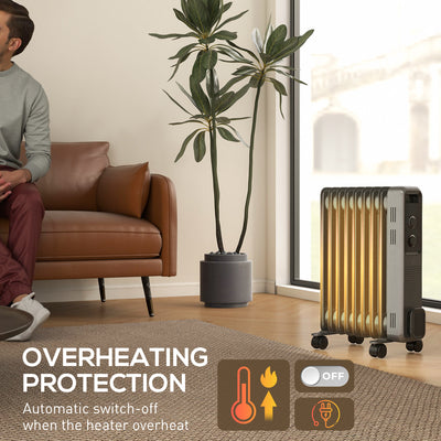HOMCOM 2000W Oil Filled Radiator, 9 Fin, Portable Electric Heater with 3 Heat Settings, Safety Cut-Off and Wheels, Grey 