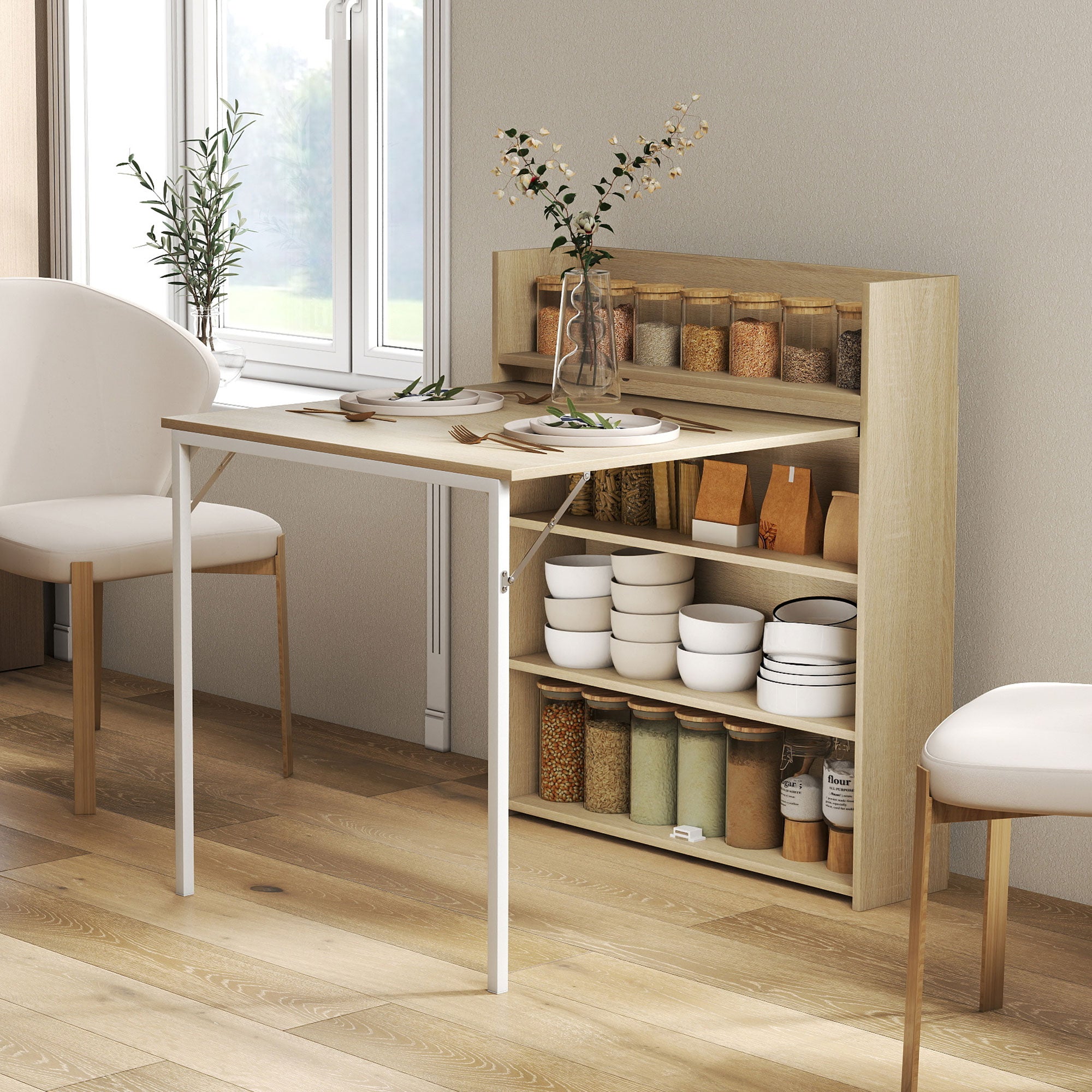 HOMCOM Kitchen Table, Folding Dining Table, with 4-Tier Shelves, Modern Drop-Leaf Table, Oak Wood Effect 