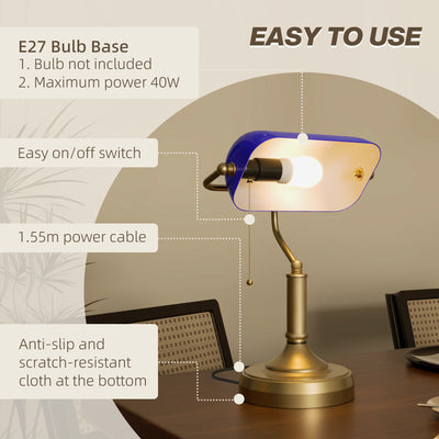 HOMCOM Banker's Desk Lamp with Antique Bronze Tone Base, Table Lamp with Blue Glass Shade for Home Office, Blue 