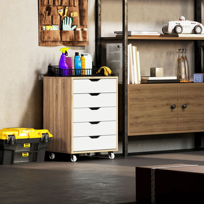 Vinsetto Five-Drawer Filing Cabinet, with Wheels - Oak Brown 