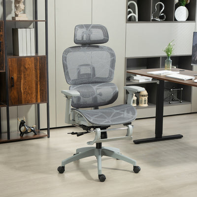 HOMCOM Executive Office Chair, Ergonomic Mesh High Back Desk Chair with Lumbar Support, Reclining Function, Swivel Computer Chair with 3D Armrest, Headrest, Footrest, Grey 