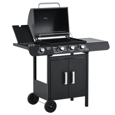 Outsunny 3+1 Burner Gas BBQ Grill, Outdoor Barbecue Trolley with Wheels, Warming Rack, Side Shelves, Cabinet, Thermometer for Garden, Party, Camping, 110L x 50W x 100Hcm, Black 