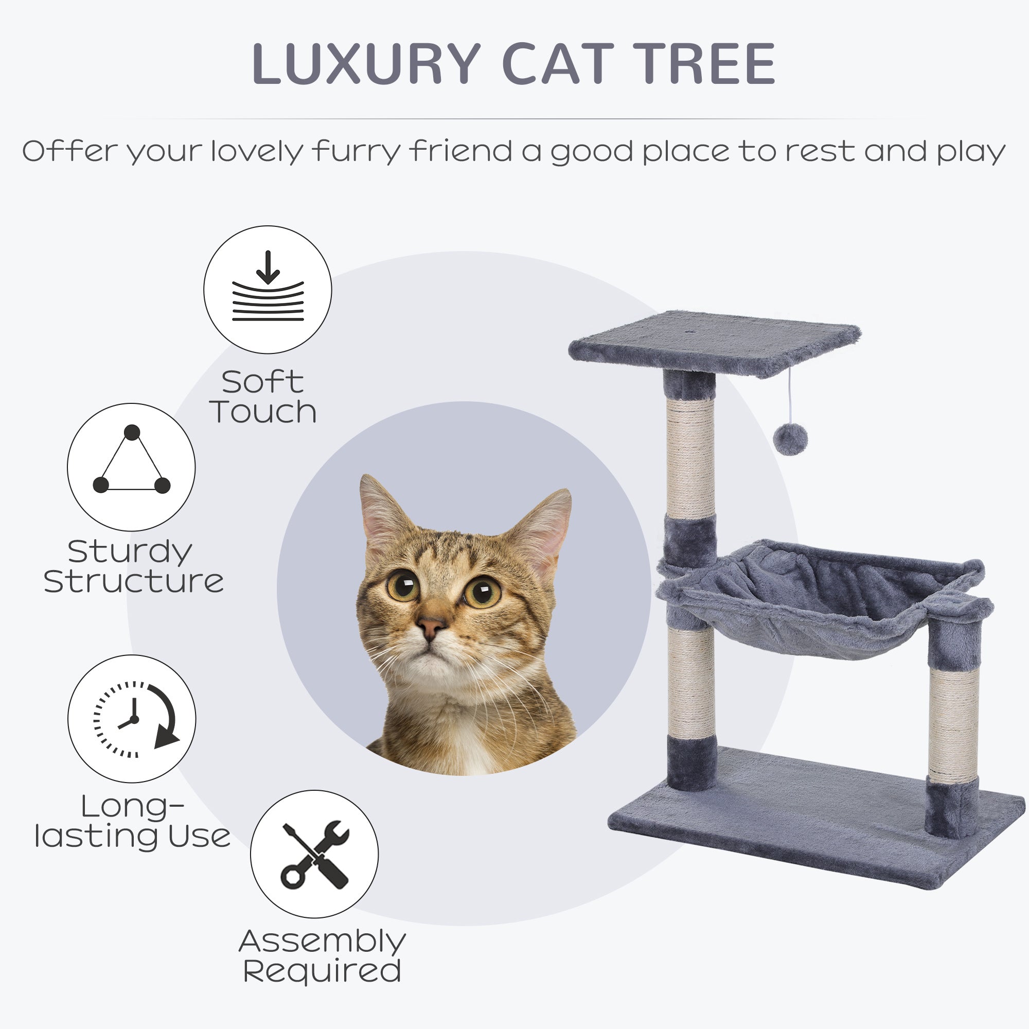 PawHut Cat Scratch Post with Bed Cat Tree for Indoor Cats Sisal Scratching Posts Hammock Kitty Activity Centre Grey 