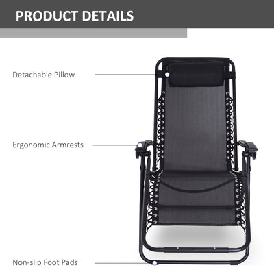 Outsunny Zero Gravity Chair Set of 2, Metal Frame Texteline Armchair Outdoor Folding and Reclining Sun Lounger with Head Pillow for Patio Decking Gardens Camping, Black 