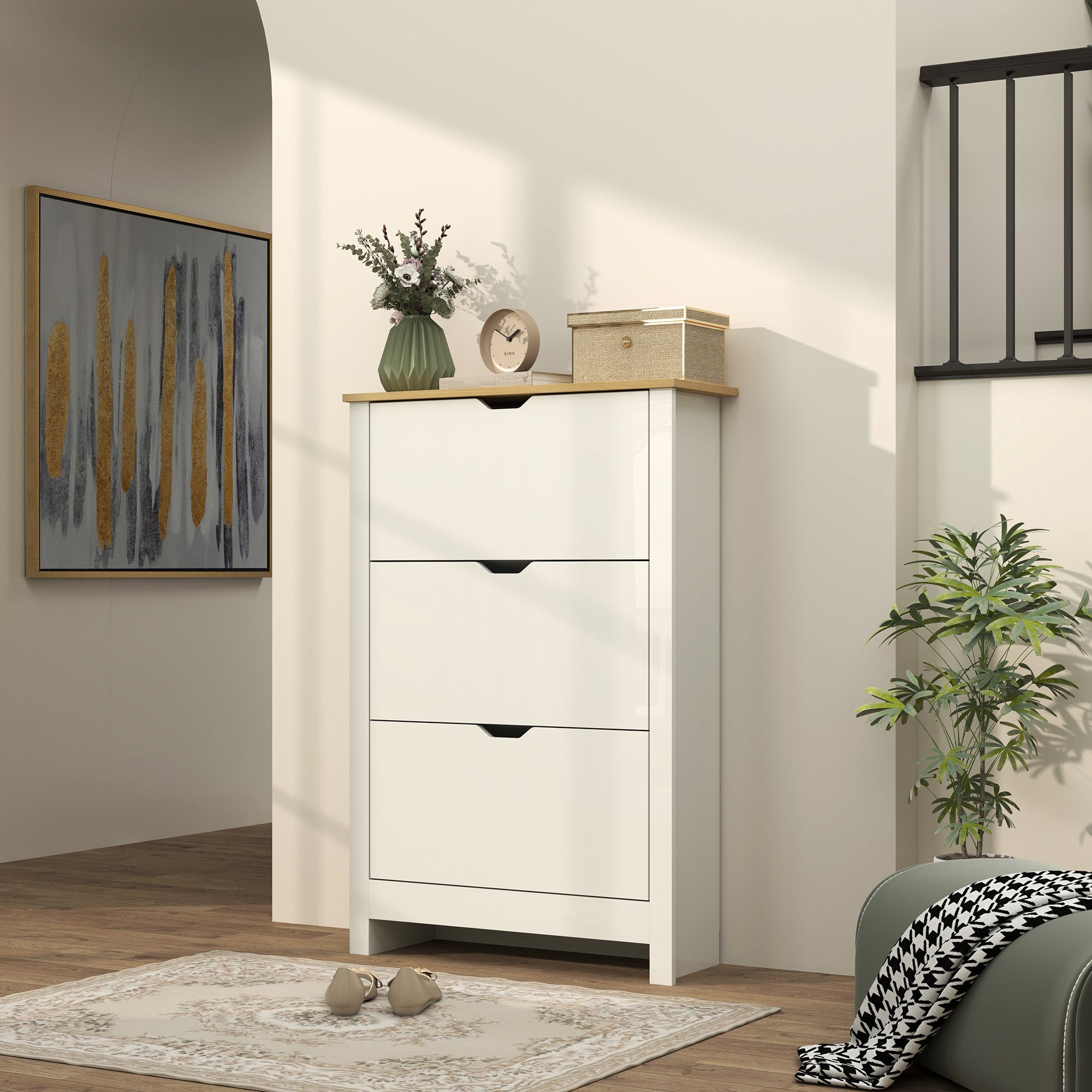 HOMCOM Slim Shoe Cabinet, Narrow Shoe Cupboard with 3 Flip Drawers, Adjustable Shelves for 18 Pairs of Shoes, High Gloss White 
