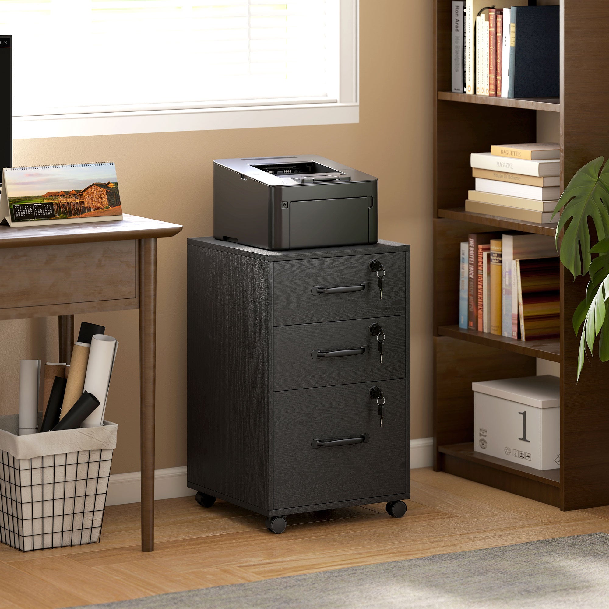 HOMCOM Three Drawer Wood-Effect Filing Cabinet - Black 