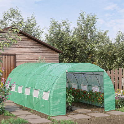 Outsunny Polytunnel Greenhouse Walk-in Grow House Tent with Roll-up Sidewalls, Zipped Door and 12 Windows, 6x3x2m Green 