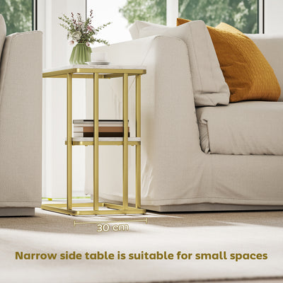 HOMCOM C-Shaped Narrow Side Table, 2-Tier Slim End Table, Nightstand for Small Spaces, Living Room, Bedroom, White Marble Grain 