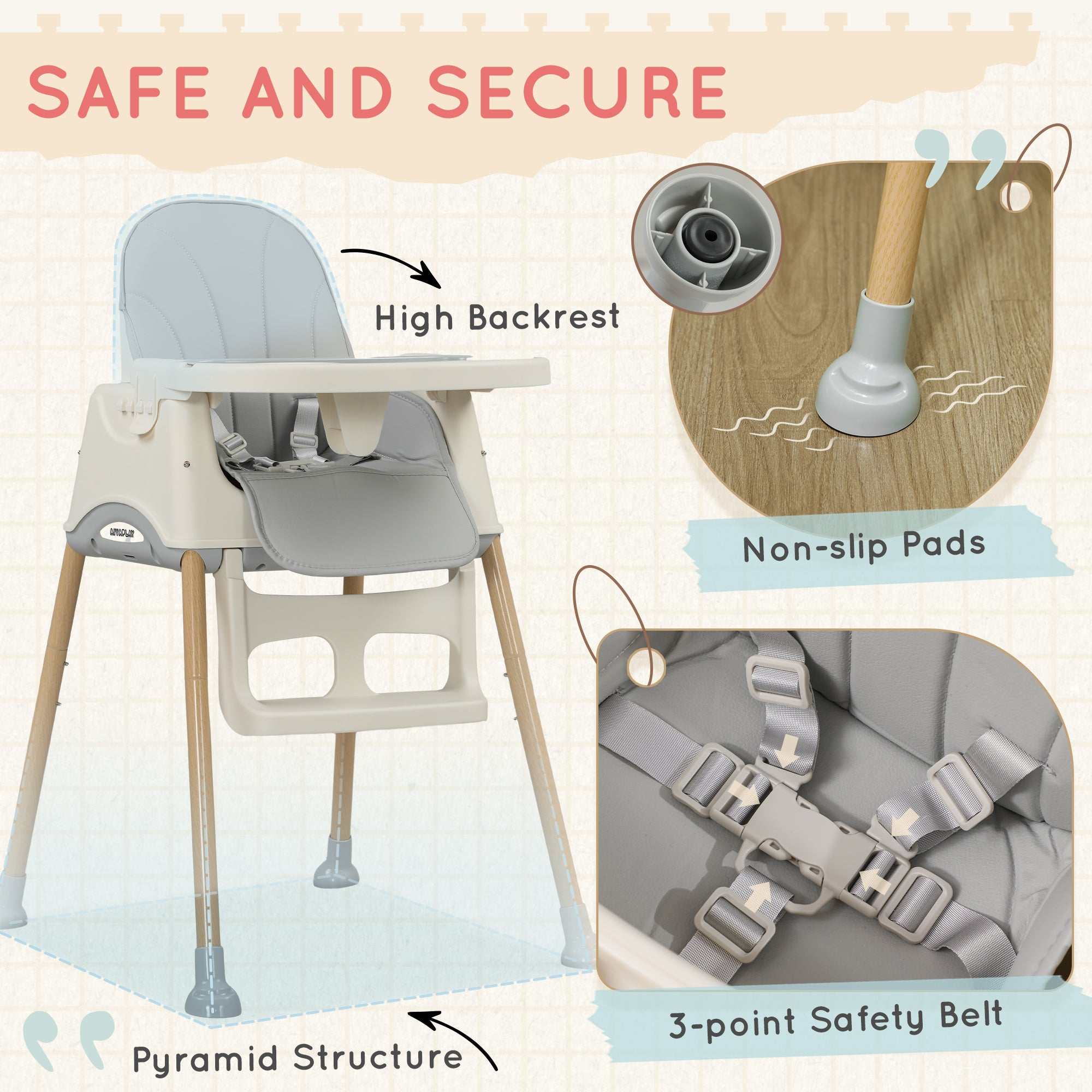 AIYAPLAY 3-in-1 Foldable High Chair for Babies, Toddlers, with Safety Harness, Washable Removable Seat Cushion, Tray, Grey