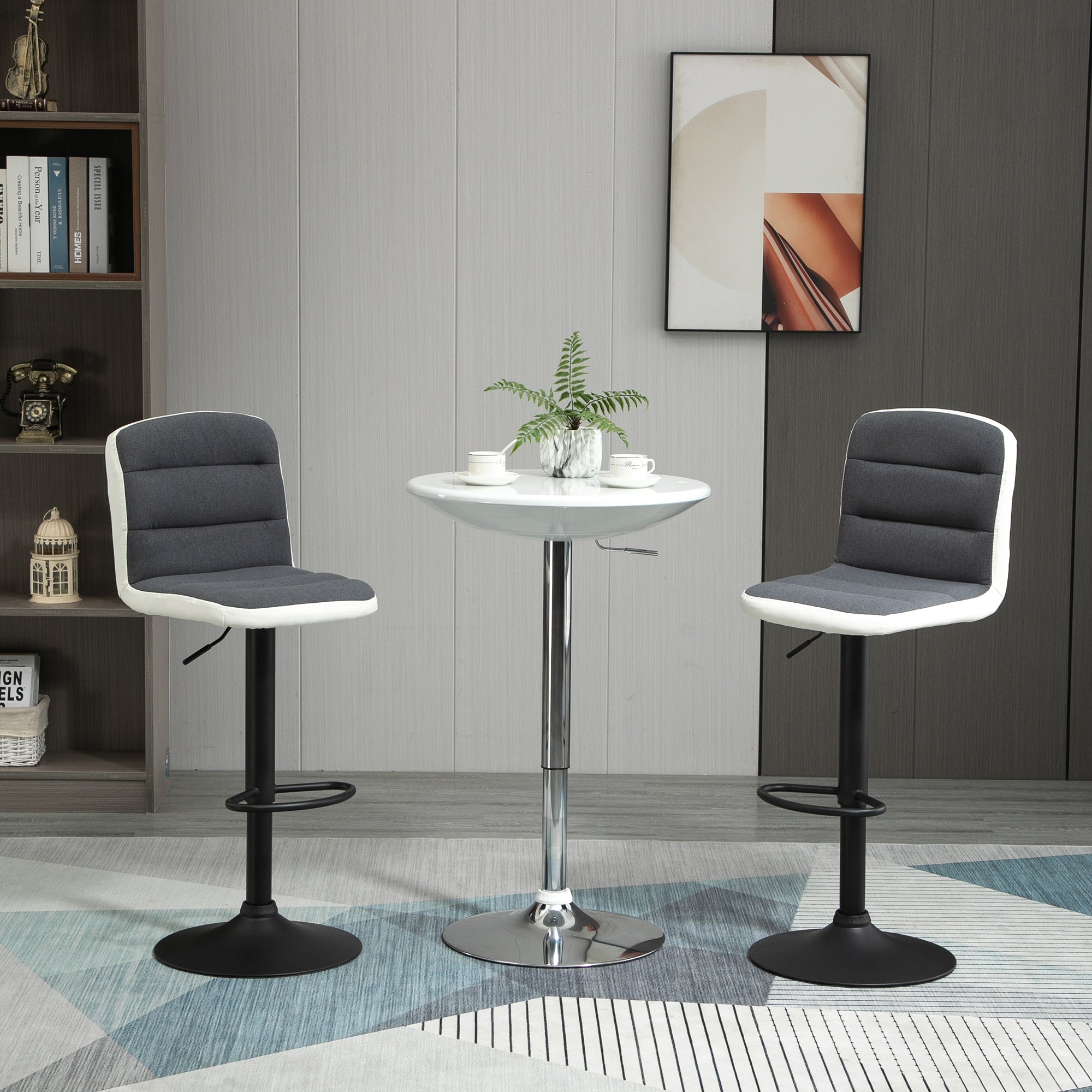 HOMCOM Bar Stools Set of 2, Height Adjustable Bar Chairs in Fabric and Faux Leather, 360° Swivel Kitchen Stool with Backrest and Footrest, Dark Grey 