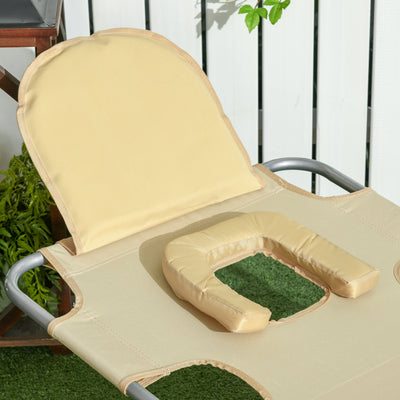 Outsunny Foldable Sun Lounger, Beach Chaise Lounge with Reading Hole, Arm Slots, 5-Position Adjustable Backrest, Side Pocket, Pillow for Patio, Garden, Beach, Pool, Beige 