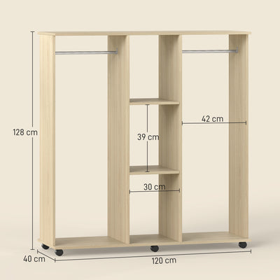 HOMCOM Open Wardrobe Double Mobile Storage Shelves Organizer W/6 Wheels-Natural