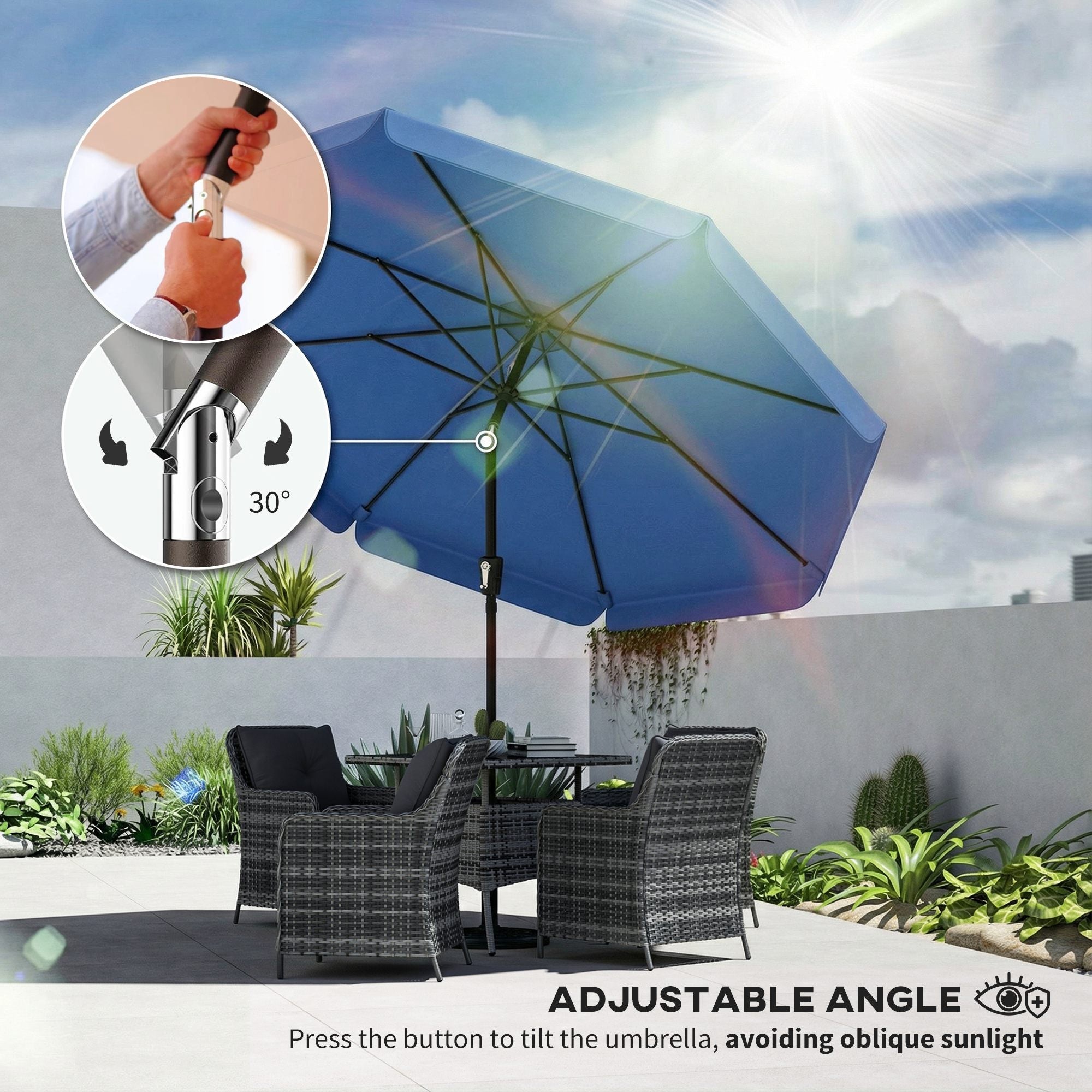 Outsunny 3 m Garden Parasol with Tilt Mechanism & Crank Handle, UPF 30+ Patio Umbrella Outdoor Table Umbrella, Dark Blue 