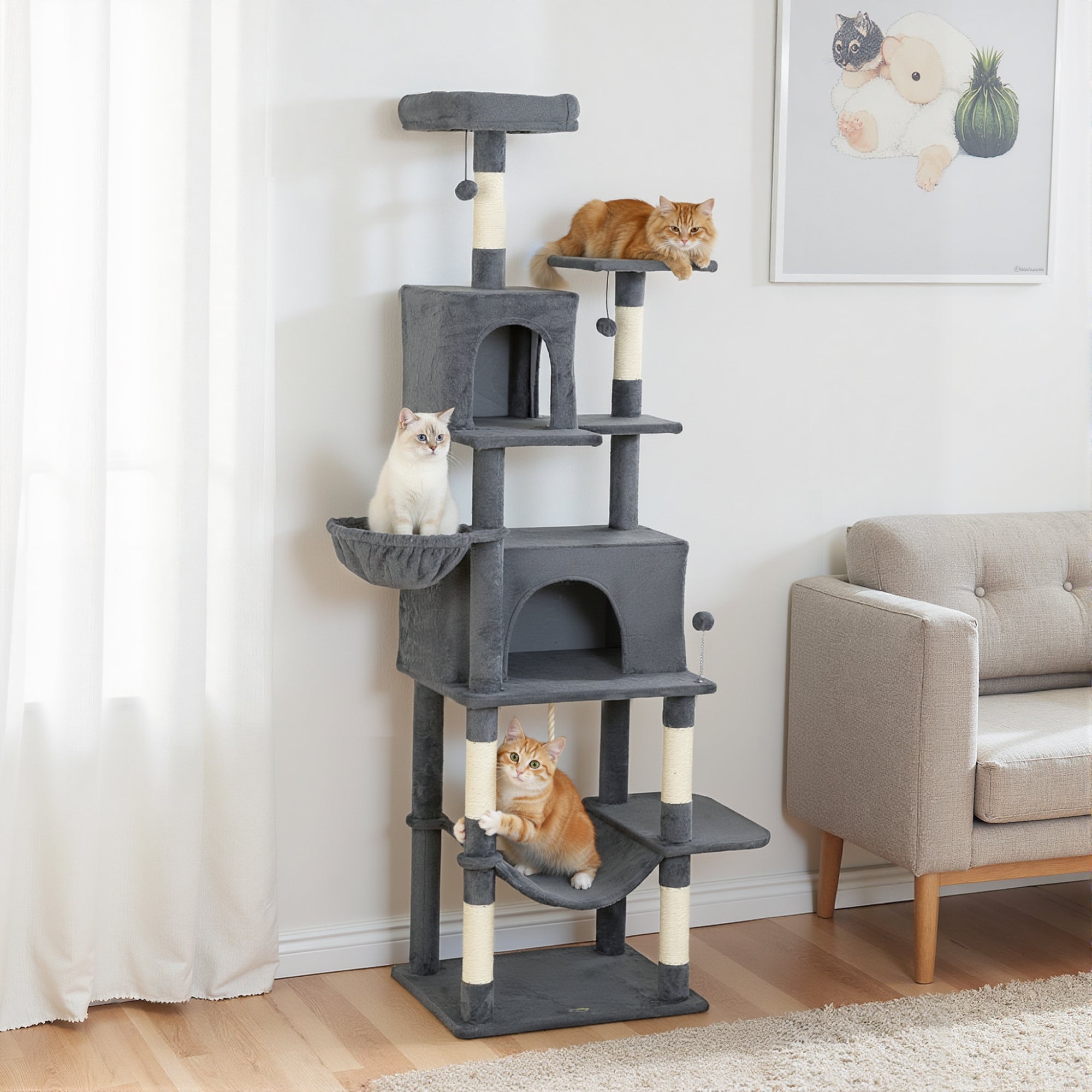 PawHut 202cm Large Cat Tree with 6 Scratching Posts, 2 Hammocks, 2 Condos, 2 Perches, Pompoms, for Indoor Cats to Rest and Play 